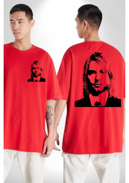 Kurt Cobain Nirvana Gitarist Kadın Erkek Ön Minimal Sırt Baskılı Kırmızı Pamuklu Tişört