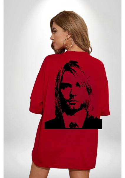 Kurt Cobain Nirvana Gitarist Kadın Erkek Ön Minimal Sırt Baskılı Kırmızı Pamuklu Tişört fiyatları