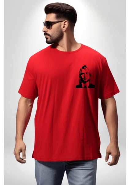Kurt Cobain Nirvana Gitarist Kadın Erkek Ön Minimal Sırt Baskılı Kırmızı Pamuklu Tişört modelleri