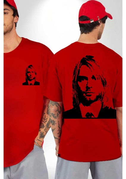 Kurt Cobain Nirvana Gitarist Kadın Erkek Ön Minimal Sırt Baskılı Kırmızı Pamuklu Tişört fırsatları
