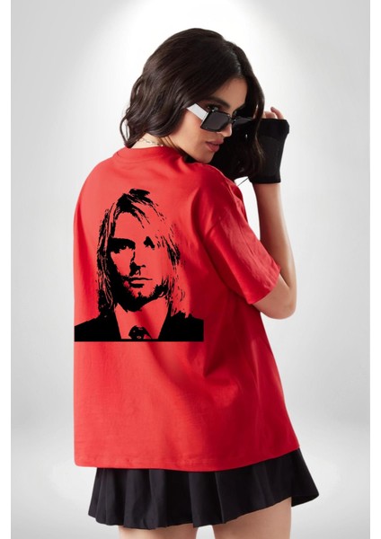 Kurt Cobain Nirvana Gitarist Kadın Erkek Ön Minimal Sırt Baskılı Kırmızı Pamuklu Tişört indirimleri