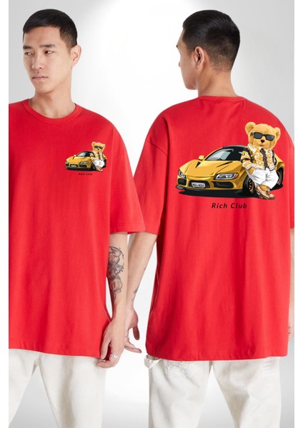 Süper Spor Araba Oyuncak Ayı Kadın Erkek Ön Minimal Sırt Baskılı Kırmızı Pamuklu Tişört