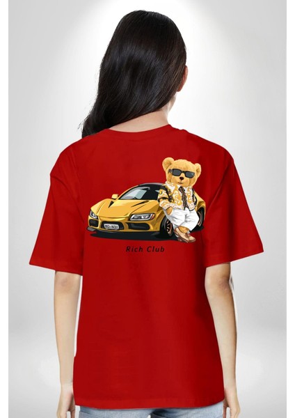 Süper Spor Araba Oyuncak Ayı Kadın Erkek Ön Minimal Sırt Baskılı Kırmızı Pamuklu Tişört fiyatları
