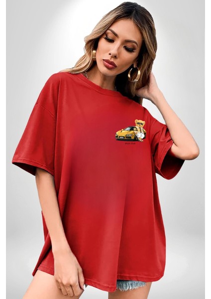 Süper Spor Araba Oyuncak Ayı Kadın Erkek Ön Minimal Sırt Baskılı Kırmızı Pamuklu Tişört modelleri