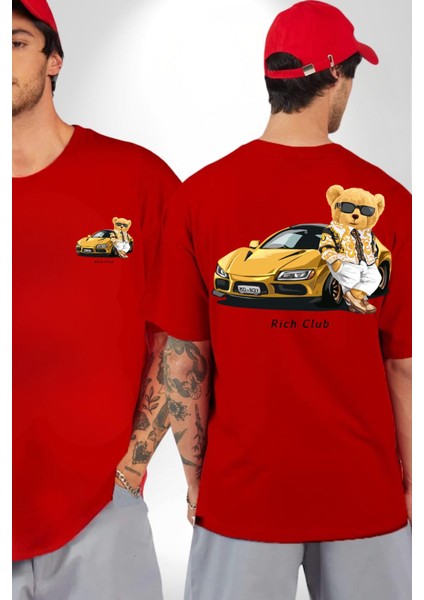 Süper Spor Araba Oyuncak Ayı Kadın Erkek Ön Minimal Sırt Baskılı Kırmızı Pamuklu Tişört fırsatları