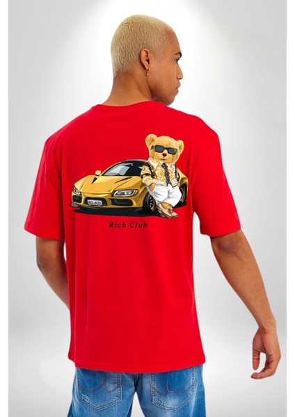 Süper Spor Araba Oyuncak Ayı Kadın Erkek Ön Minimal Sırt Baskılı Kırmızı Pamuklu Tişört indirimleri