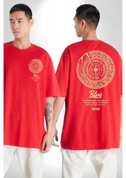 Altın Küre Pusula Çapa Kadın Erkek Ön Minimal Sırt Baskılı Kırmızı Pamuklu Tişört