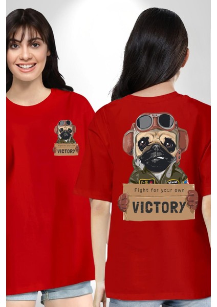 Kendin Için Savaş Pilot Yavru Pug Kadın Erkek Ön Minimal Sırt Baskılı Kırmızı Pamuklu Tişört fırsatları