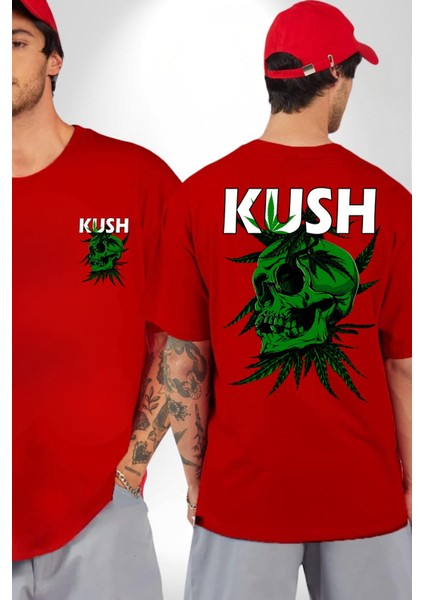 Kush Kuru Kafa Tasarım Yeşil Ölüm Kadın Erkek Ön Minimal Sırt Baskılı Kırmızı Pamuklu Tişört