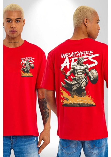 Öfke Ateşi Ares Yunan Tanrısı Kadın Erkek Ön Minimal Sırt Baskılı Kırmızı Pamuklu Tişört