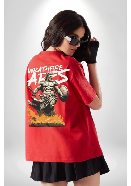 Öfke Ateşi Ares Yunan Tanrısı Kadın Erkek Ön Minimal Sırt Baskılı Kırmızı Pamuklu Tişört fiyatları