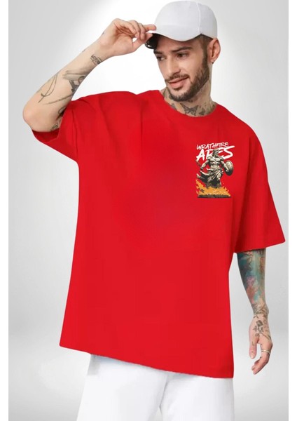 Öfke Ateşi Ares Yunan Tanrısı Kadın Erkek Ön Minimal Sırt Baskılı Kırmızı Pamuklu Tişört modelleri