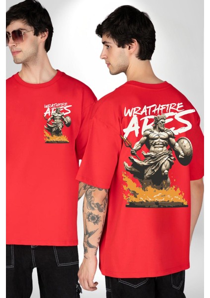 Öfke Ateşi Ares Yunan Tanrısı Kadın Erkek Ön Minimal Sırt Baskılı Kırmızı Pamuklu Tişört fırsatları
