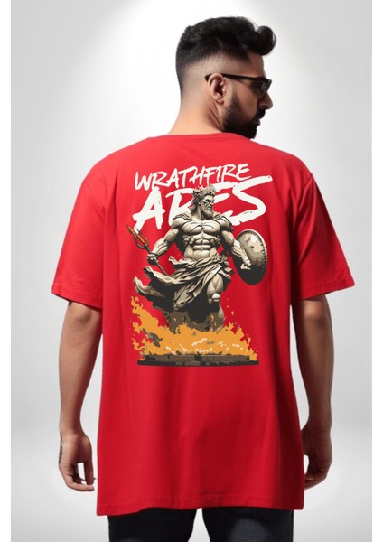 Öfke Ateşi Ares Yunan Tanrısı Kadın Erkek Ön Minimal Sırt Baskılı Kırmızı Pamuklu Tişört indirimleri