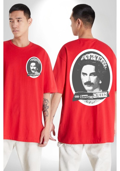 Tanrı Queen I Korusun Freddie Mercury Kadın Erkek Ön Minimal Sırt Baskılı Kırmızı Pamuklu Tişört