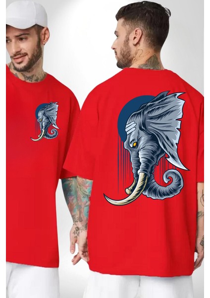 Astral Fil Mavi Ay Karşısında Kadın Erkek Ön Minimal Sırt Baskılı Kırmızı Pamuklu Tişört