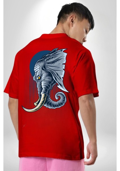 Astral Fil Mavi Ay Karşısında Kadın Erkek Ön Minimal Sırt Baskılı Kırmızı Pamuklu Tişört fiyatları