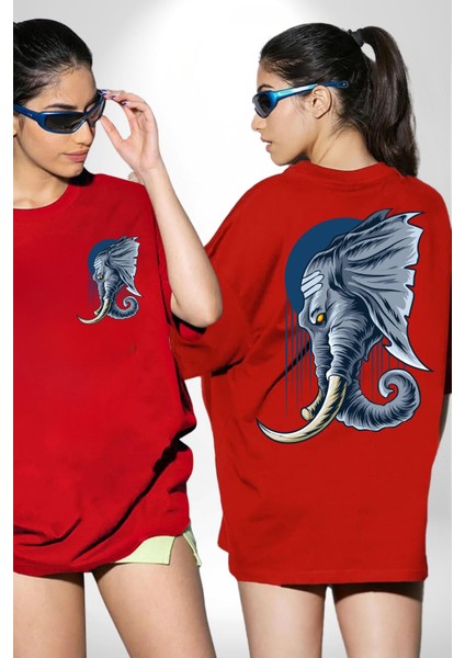 Astral Fil Mavi Ay Karşısında Kadın Erkek Ön Minimal Sırt Baskılı Kırmızı Pamuklu Tişört fırsatları