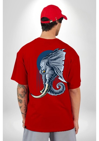 Astral Fil Mavi Ay Karşısında Kadın Erkek Ön Minimal Sırt Baskılı Kırmızı Pamuklu Tişört indirimleri