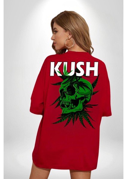 Kush Kuru Kafa Tasarım Yeşil Ölüm Kadın Erkek Ön Minimal Sırt Baskılı Kırmızı Pamuklu Tişört indirimleri