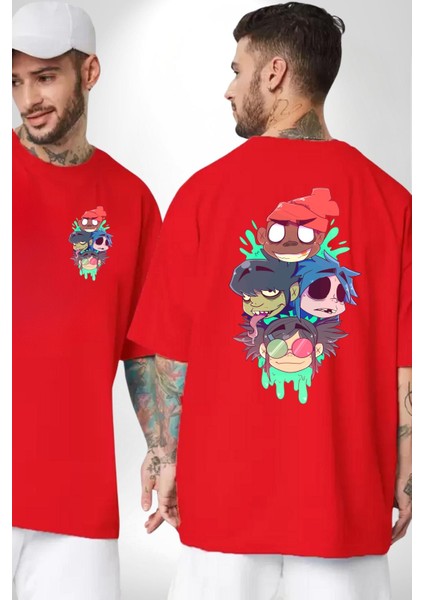 Gorillaz Anime Karakter Kadın Erkek Ön Minimal Sırt Baskılı Kırmızı Pamuklu Tişört