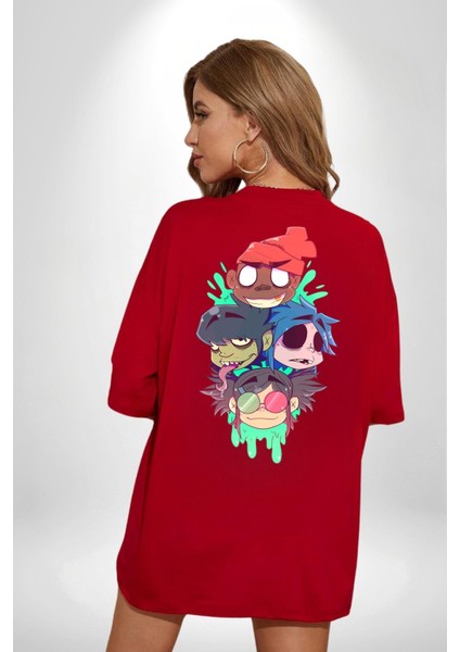 Gorillaz Anime Karakter Kadın Erkek Ön Minimal Sırt Baskılı Kırmızı Pamuklu Tişört
