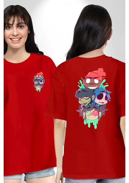 Gorillaz Anime Karakter Kadın Erkek Ön Minimal Sırt Baskılı Kırmızı Pamuklu Tişört