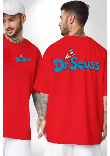 Dr.seuss Komik Şapka Logo Kadın Erkek Ön Minimal Sırt Baskılı Kırmızı Pamuklu Tişört