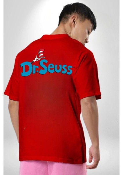 Dr.seuss Komik Şapka Logo Kadın Erkek Ön Minimal Sırt Baskılı Kırmızı Pamuklu Tişört fiyatları
