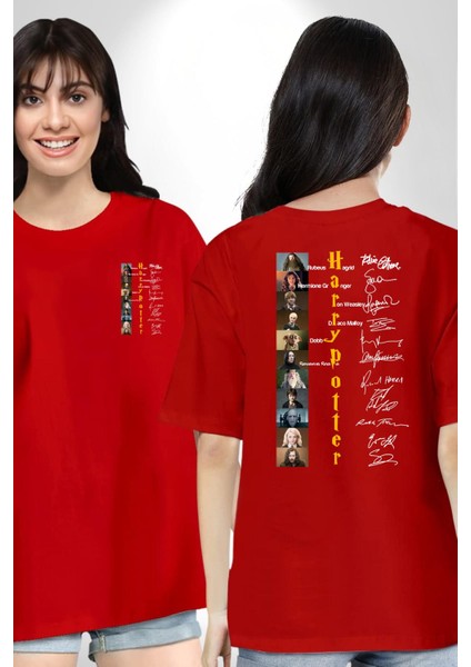 Efsane Film Serisi Ünlü Oyuncu Imzaları Kadın Erkek Ön Minimal Sırt Baskılı Kırmızı Pamuklu Tişört