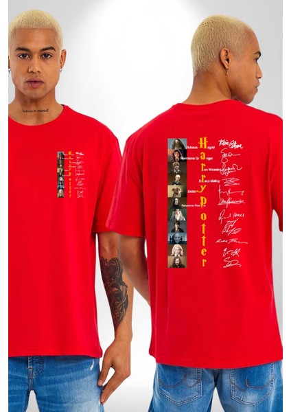 Efsane Film Serisi Ünlü Oyuncu Imzaları Kadın Erkek Ön Minimal Sırt Baskılı Kırmızı Pamuklu Tişört fırsatları