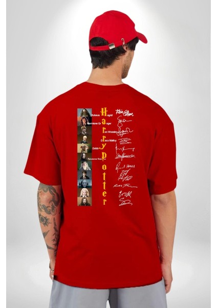 Efsane Film Serisi Ünlü Oyuncu Imzaları Kadın Erkek Ön Minimal Sırt Baskılı Kırmızı Pamuklu Tişört indirimleri