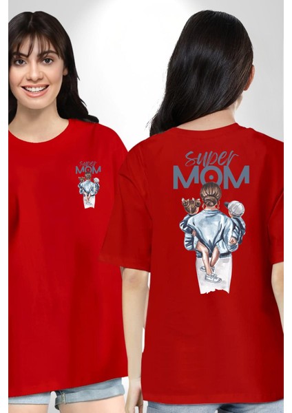 Süper Anne Anneler Günü Kadın Erkek Ön Minimal Sırt Baskılı Kırmızı Pamuklu Tişört