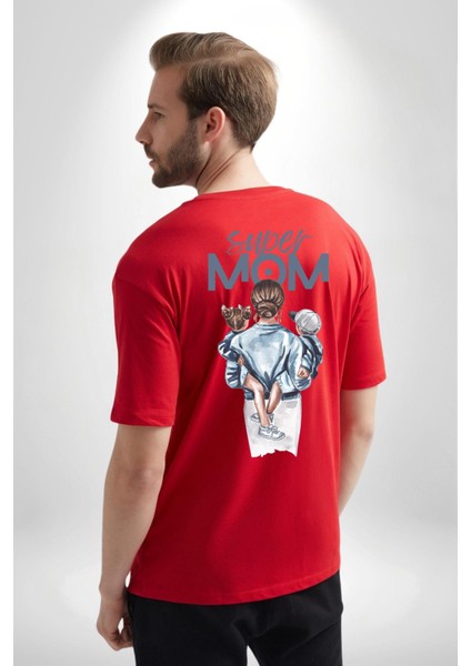 Süper Anne Anneler Günü Kadın Erkek Ön Minimal Sırt Baskılı Kırmızı Pamuklu Tişört fiyatları
