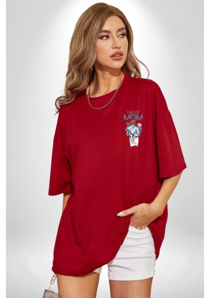 Süper Anne Anneler Günü Kadın Erkek Ön Minimal Sırt Baskılı Kırmızı Pamuklu Tişört modelleri