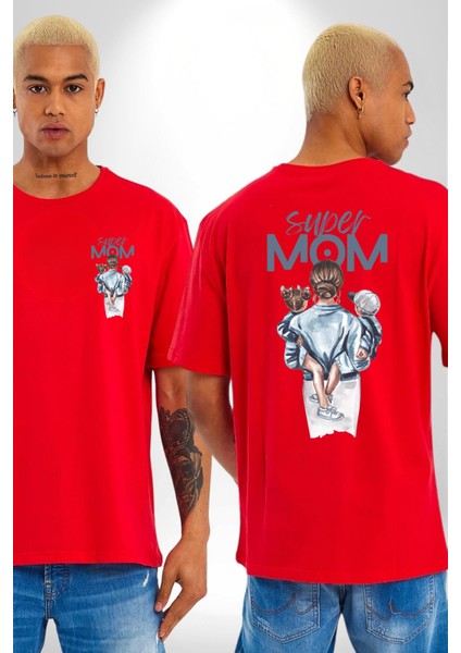 Süper Anne Anneler Günü Kadın Erkek Ön Minimal Sırt Baskılı Kırmızı Pamuklu Tişört fırsatları