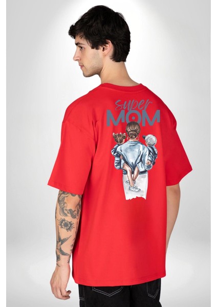 Süper Anne Anneler Günü Kadın Erkek Ön Minimal Sırt Baskılı Kırmızı Pamuklu Tişört indirimleri