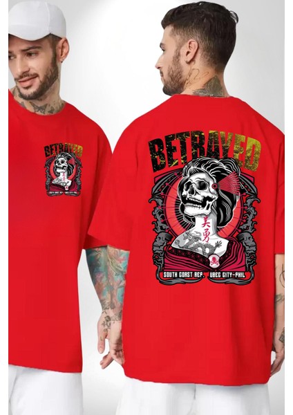 Japon Dövmeli Iskelet Kadın Kadın Erkek Ön Minimal Sırt Baskılı Kırmızı Pamuklu Tişört