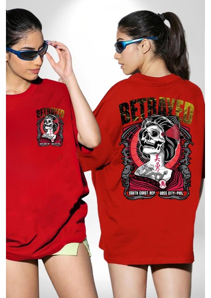 Japon Dövmeli Iskelet Kadın Kadın Erkek Ön Minimal Sırt Baskılı Kırmızı Pamuklu Tişört fırsatları