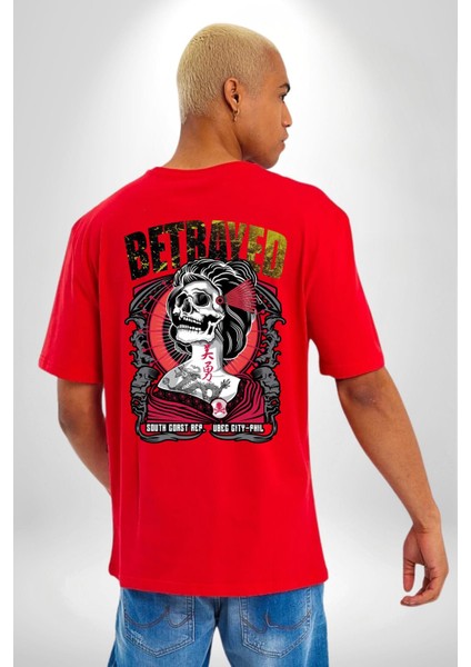 Japon Dövmeli Iskelet Kadın Kadın Erkek Ön Minimal Sırt Baskılı Kırmızı Pamuklu Tişört indirimleri