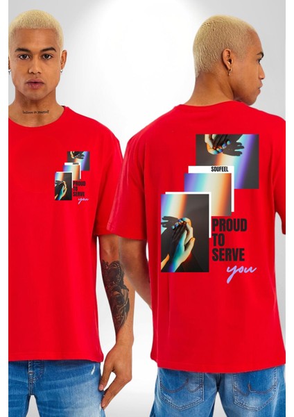 El Ele Aşk ve Dostluk Gökkuşağı Sevgi Kadın Erkek Ön Minimal Sırt Baskılı Kırmızı Pamuklu Tişört