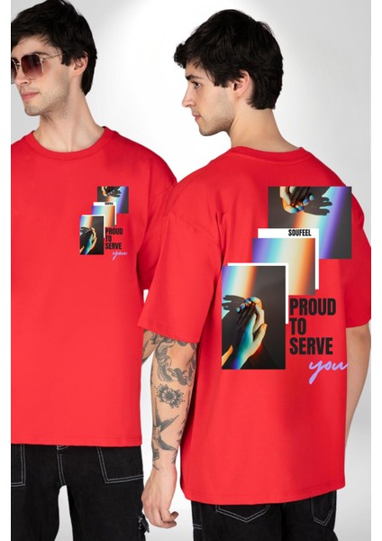 El Ele Aşk ve Dostluk Gökkuşağı Sevgi Kadın Erkek Ön Minimal Sırt Baskılı Kırmızı Pamuklu Tişört fırsatları