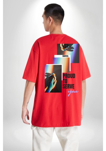 El Ele Aşk ve Dostluk Gökkuşağı Sevgi Kadın Erkek Ön Minimal Sırt Baskılı Kırmızı Pamuklu Tişört indirimleri