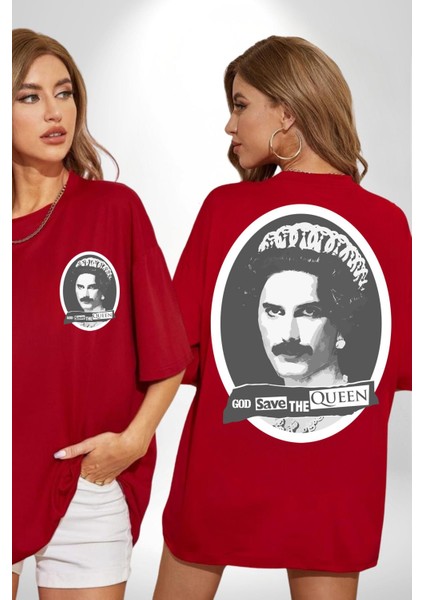 Tanrı Queen I Korusun Freddie Mercury Kadın Erkek Ön Minimal Sırt Baskılı Kırmızı Pamuklu Tişört fırsatları