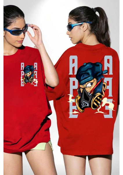 Maskeli Maymun Sokak Tarzı Kadın Erkek Ön Minimal Sırt Baskılı Kırmızı Pamuklu Tişört