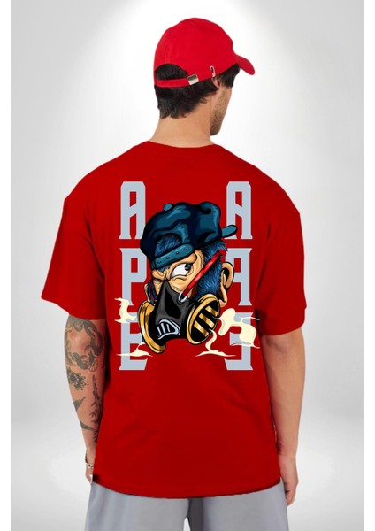 Maskeli Maymun Sokak Tarzı Kadın Erkek Ön Minimal Sırt Baskılı Kırmızı Pamuklu Tişört fiyatları