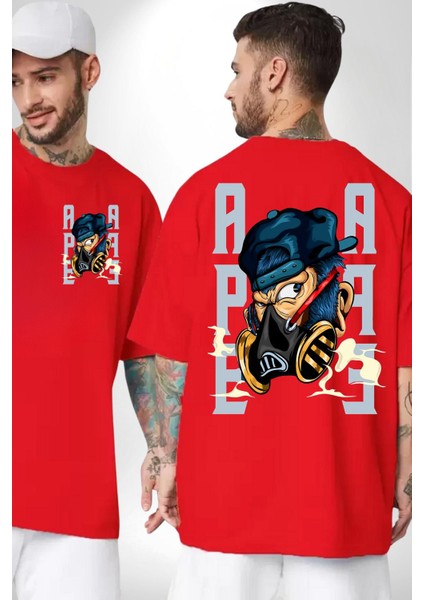 Maskeli Maymun Sokak Tarzı Kadın Erkek Ön Minimal Sırt Baskılı Kırmızı Pamuklu Tişört indirimleri