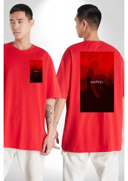 Kırmızı Renklerinin Sanatsal Uyumu Kadın Erkek Ön Minimal Sırt Baskılı Kırmızı Pamuklu Tişört