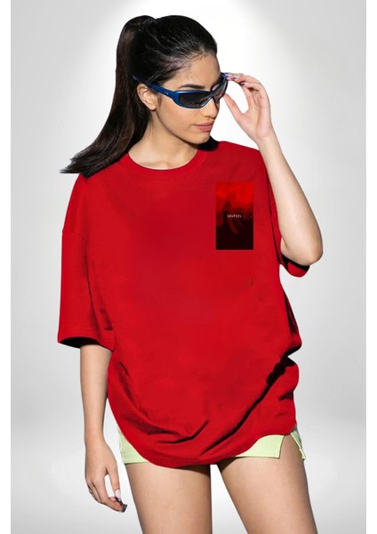 Kırmızı Renklerinin Sanatsal Uyumu Kadın Erkek Ön Minimal Sırt Baskılı Kırmızı Pamuklu Tişört modelleri