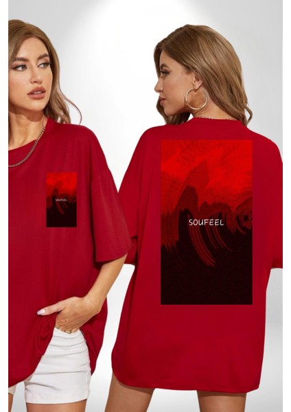 Kırmızı Renklerinin Sanatsal Uyumu Kadın Erkek Ön Minimal Sırt Baskılı Kırmızı Pamuklu Tişört fırsatları